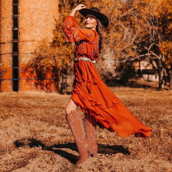 🆕Women Brown Knee High Pointed Toe Chunky High Heels Pull-on Embroidered Boots - Picture 5 of 7